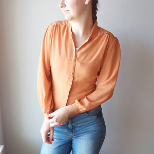 Vintage 50s/60s Orange Sheer Pearl Button-Up Pleated Shirt